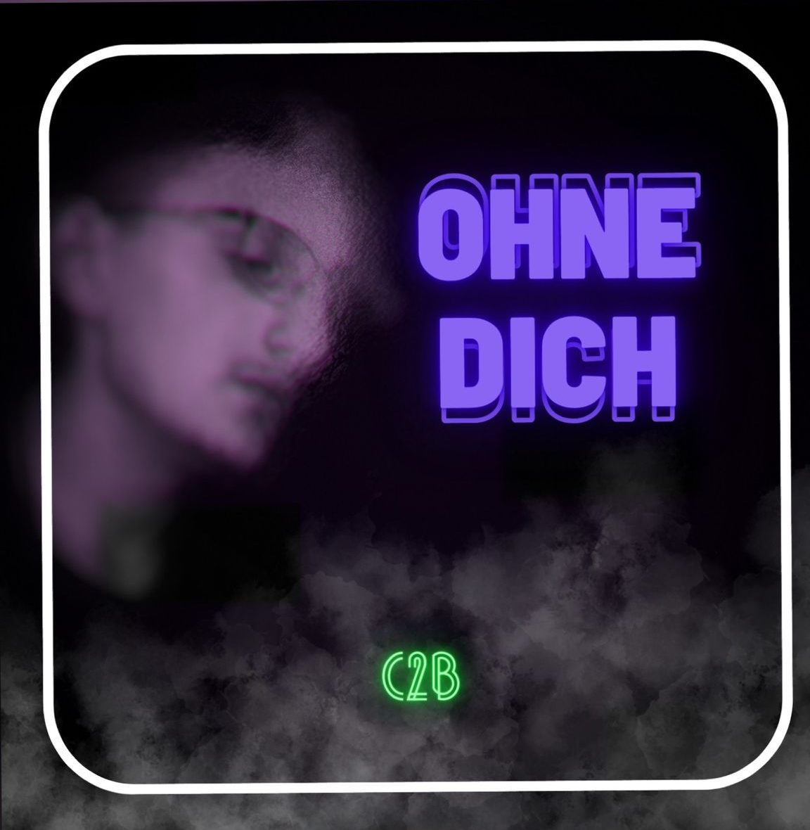 Neon-Schrift 'OHNE DICH' mit verschwommenem Porträt